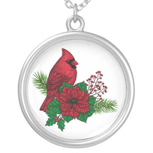 Red Cardinals on Christmas decoration Silver Plated Necklace