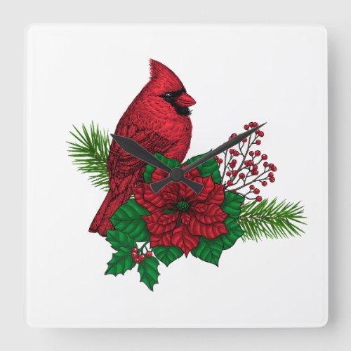 Red Cardinals on Christmas decoration Square Wall Clock