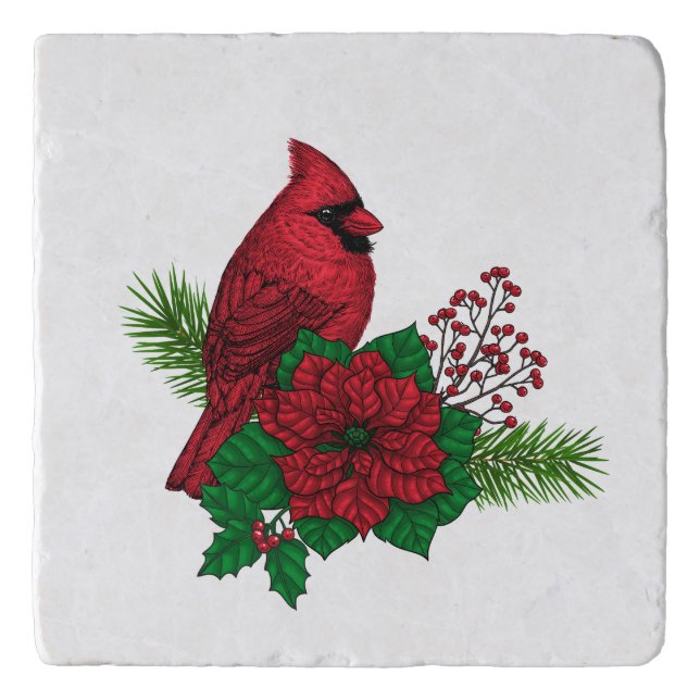 Red Cardinals on Christmas decoration Trivet (Front)