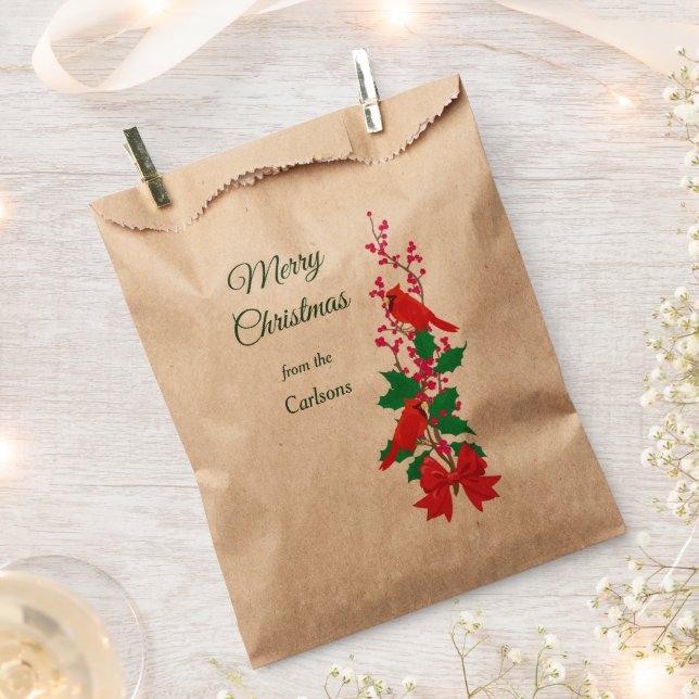 Red Cardinals on Holly Christmas Favor Bag (Clipped)