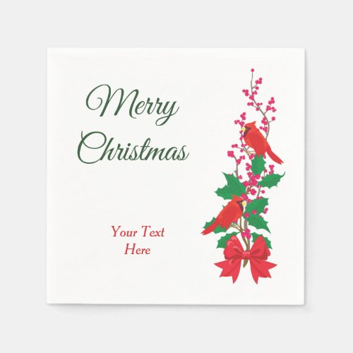 Red Cardinals on Holly Christmas Napkins