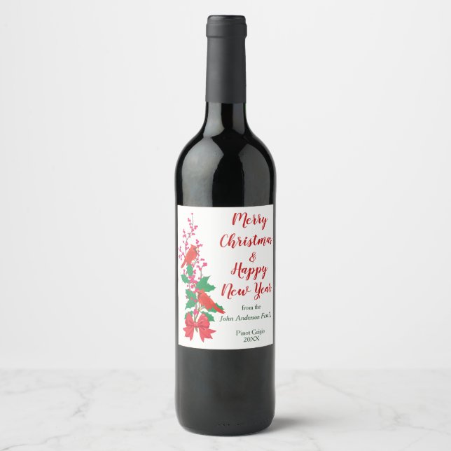 Red Cardinals on Holly Christmas Wine Label (Front)