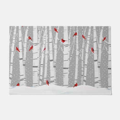 Red Cardinals On White Birch  Doormat