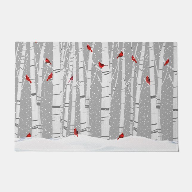 Red Cardinals On White Birch  Doormat (Front)