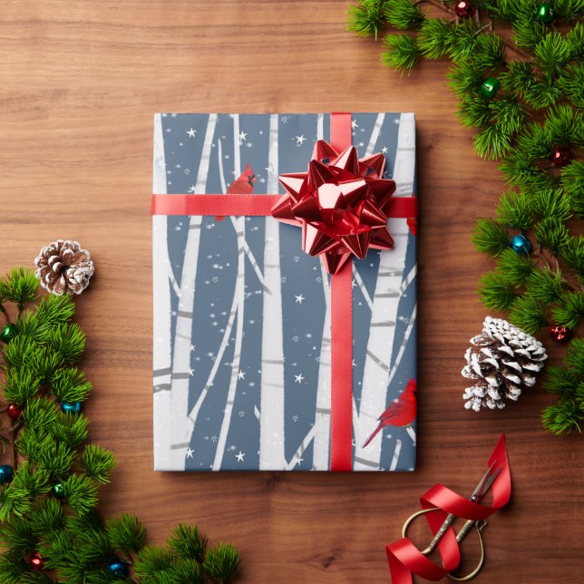 Red Cardinals On White Birch Wrapping Paper (Holiday Gift)