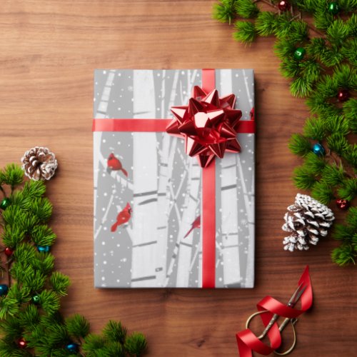 Red Cardinals On White Birch Wrapping Paper
