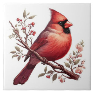 Red cardinals perched on branch ceramic tile