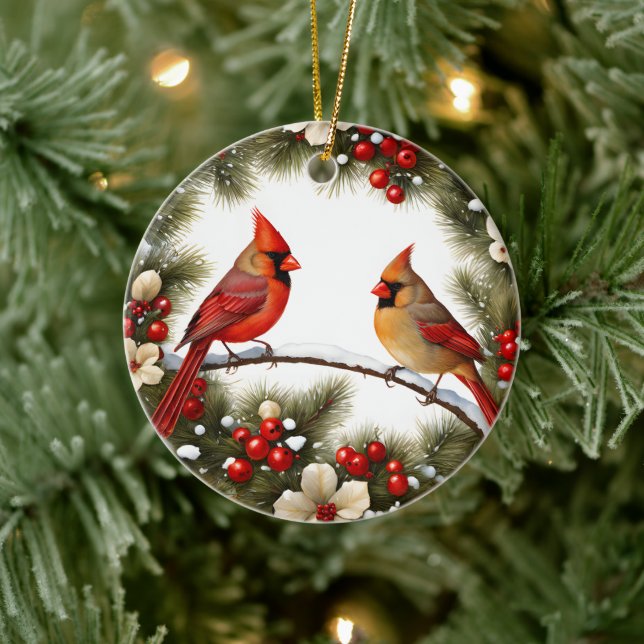 Red Cardinals Snow Birds Memorial Gift Ideas Ceramic Ornament (Tree)
