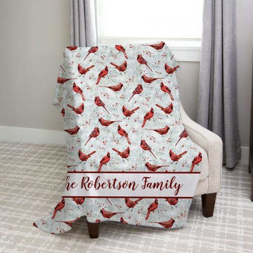 Red Cardinals Snowy Pine Christmas Family Name Fleece Blanket