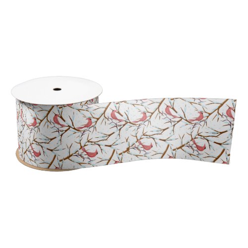 Red Cardinals Snowy Tree Pattern Christmas Ribbon