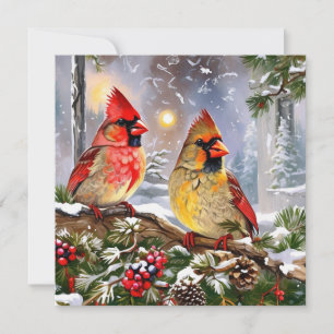 Red Cardinals with Berries, Pinecones Winter Holiday Card