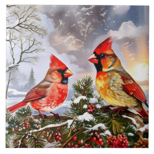 Red Cardinals with Wild Berries Winter Landscape Ceramic Tile