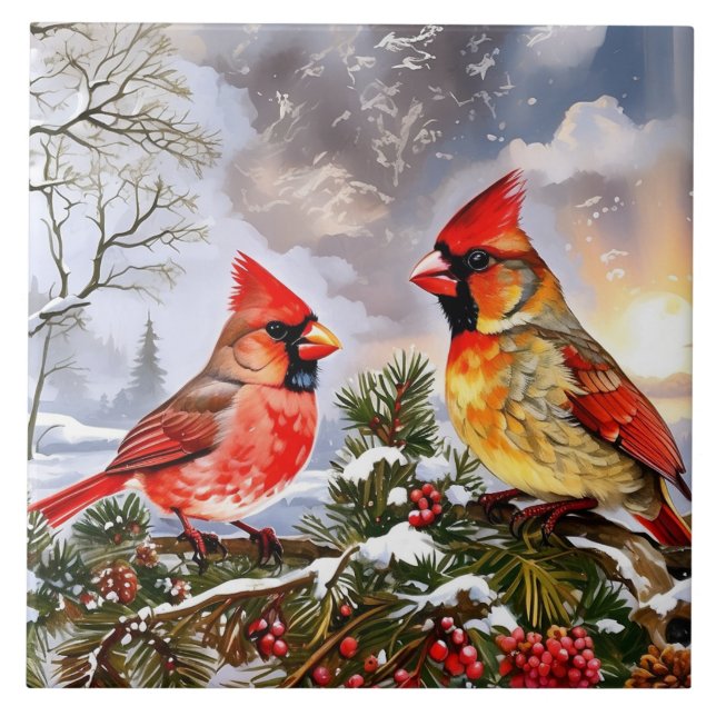 Red Cardinals with Wild Berries Winter Landscape Ceramic Tile (Front)