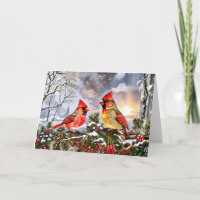 Red Cardinals with Wild Berries Winter Landscape Holiday Card