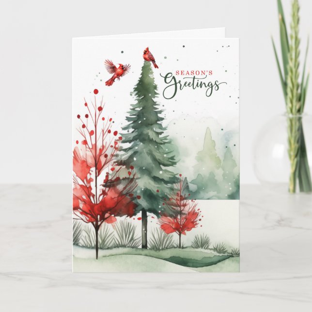 Red Cardinals Woodland Forest Season's Greetings Holiday Card (Front)