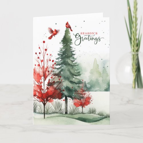 Red Cardinals Woodland Forest Seasons Greetings Holiday Card