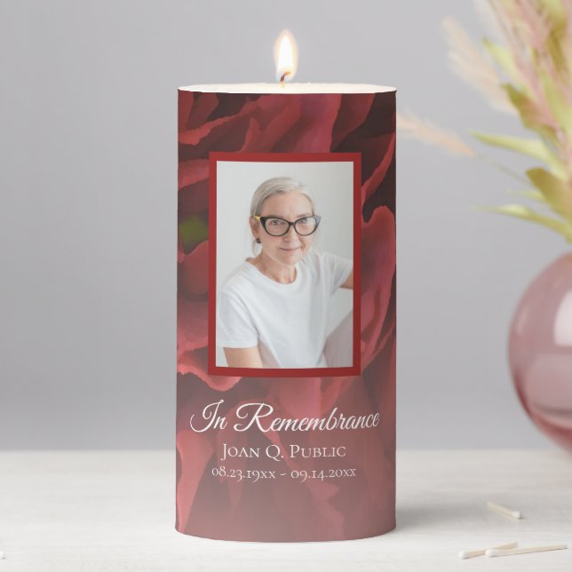 Red Carnation Floral Celebration of Life Funeral Pillar Candle (In Situ)