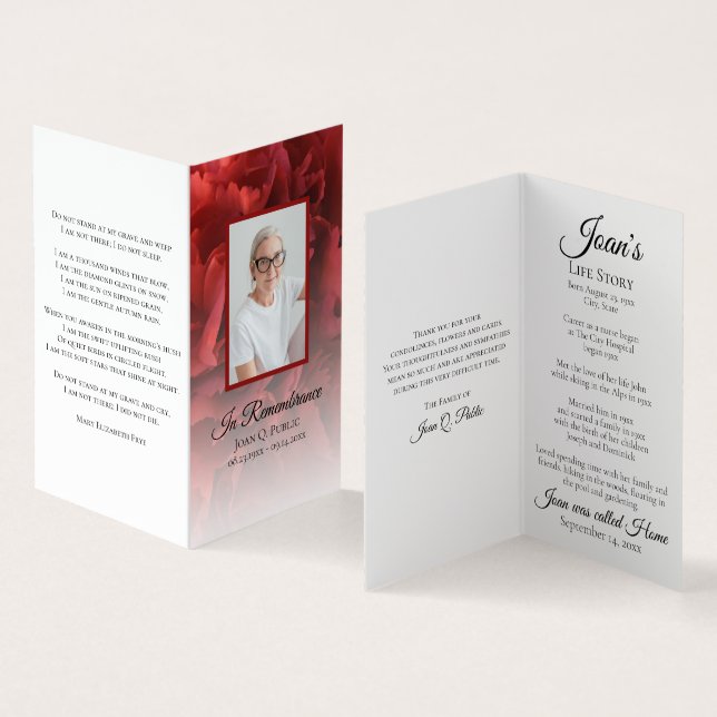 Red Carnation Floral Funeral Memorial Prayer Business Card (Inside and Outside)