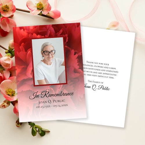 Red Carnation Floral Funeral Memorial Sympathy Thank You Card