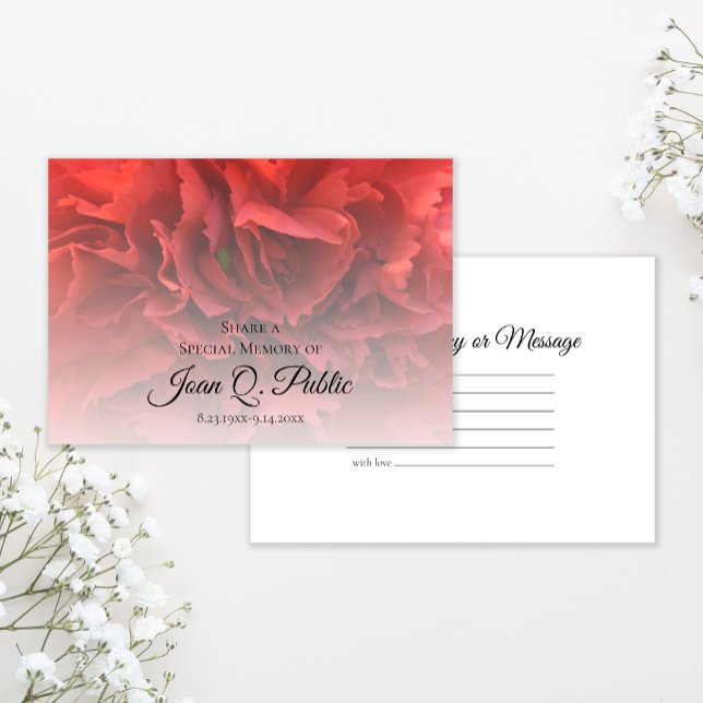 Red Carnation Floral Share a Memory Funeral  Note Card (Creator Uploaded)
