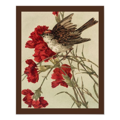 Red Carnations and Songbird Photo Print
