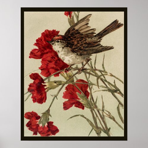 Red Carnations and Songbird Poster