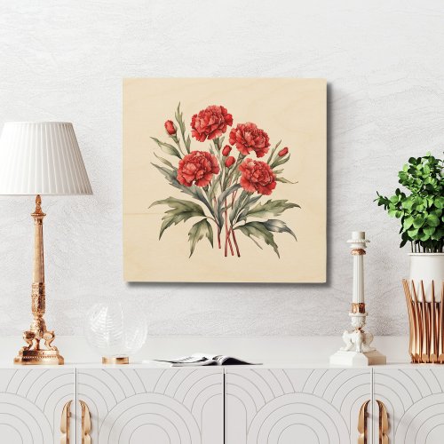 Red Carnations Floral Flowers Watercolor Wood Wall Art