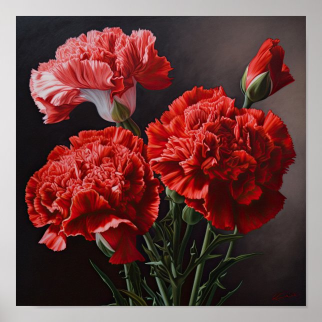 Red Carnations Flower Art Print Poster (Front)