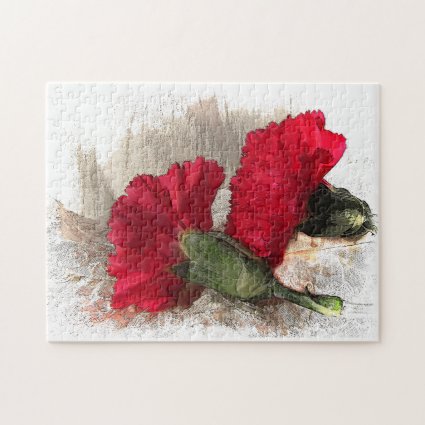 Red Carnations on Brocade Jigsaw Puzzle