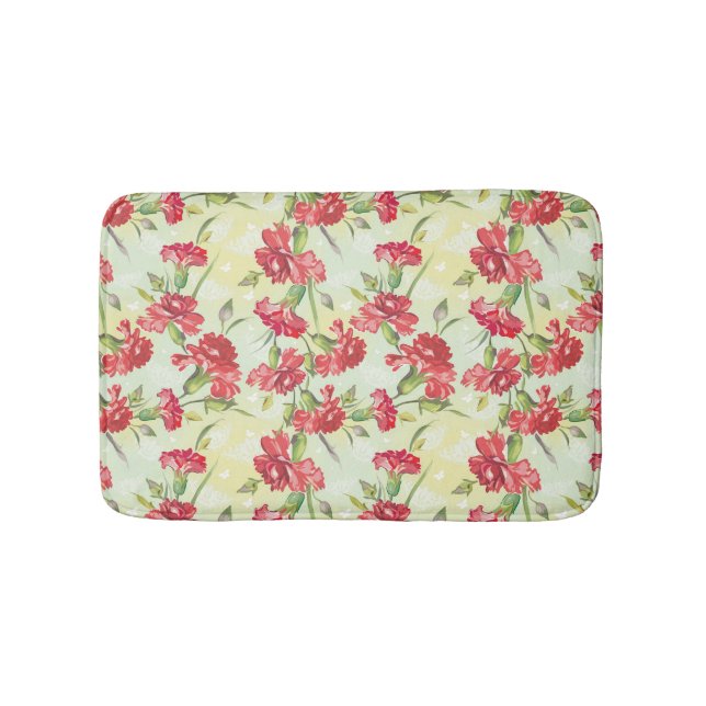Red Carnations on green with butterflies Bathroom Mat (Front)