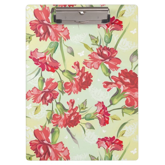 Red Carnations on green with butterflies Clipboard (Front)