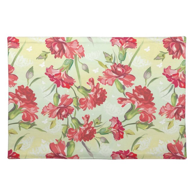 Red Carnations on green with butterflies Cloth Placemat (Front)