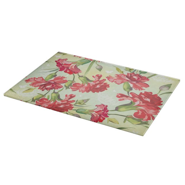 Red Carnations on green with butterflies Cutting Board (Corner)