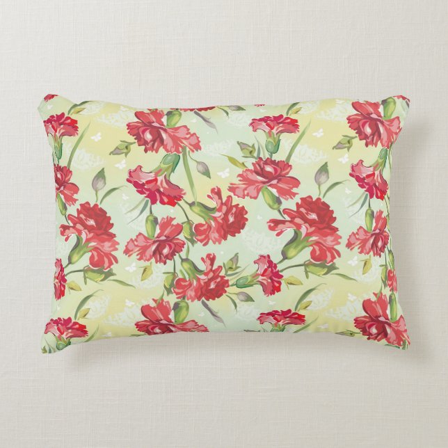Red Carnations on green with butterflies Decorative Pillow (Front)