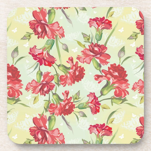 Red Carnations on green with butterflies Drink Coaster (Front)