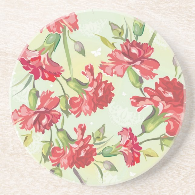 Red Carnations on green with butterflies Drink Coaster (Front)