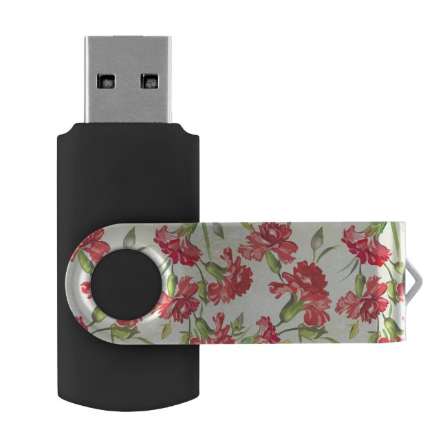 Red Carnations on green with butterflies Flash Drive (Opened)