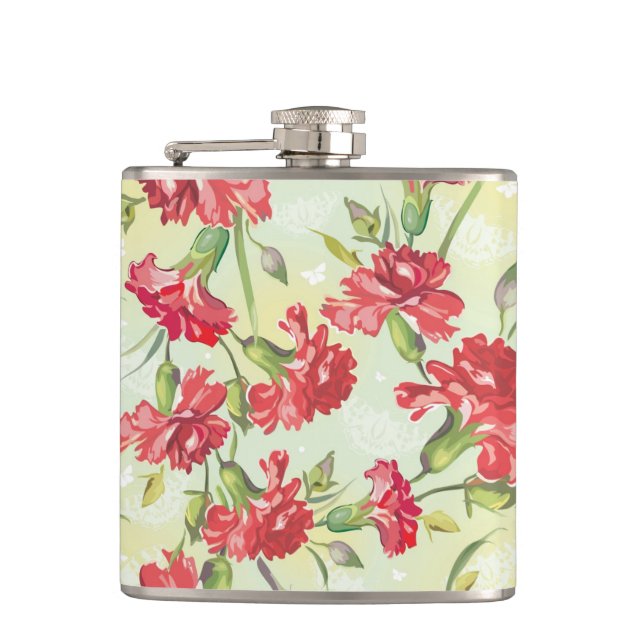 Red Carnations on green with butterflies Flask (Front)