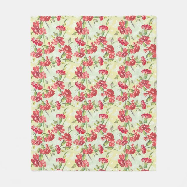 Red Carnations on green with butterflies Fleece Blanket (Front)