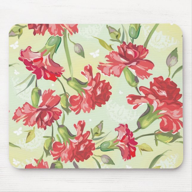 Red Carnations on green with butterflies Mouse Pad (Front)