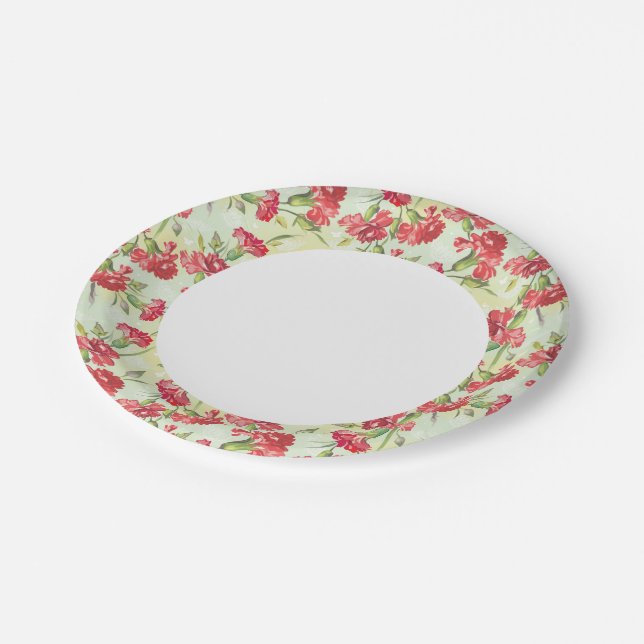 Red Carnations on green with butterflies Paper Plates (Angled)