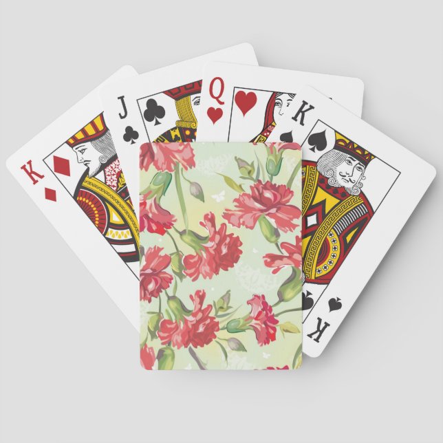 Red Carnations on green with butterflies Poker Cards (Back)