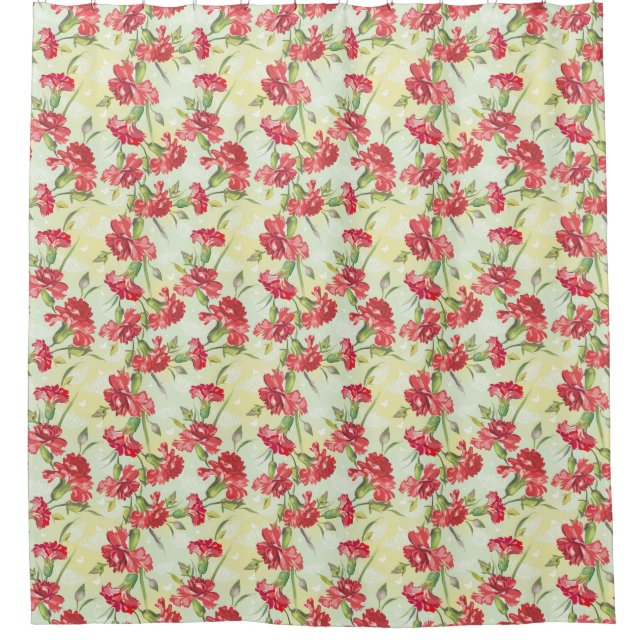 Red Carnations on green with butterflies Shower Curtain (Front)