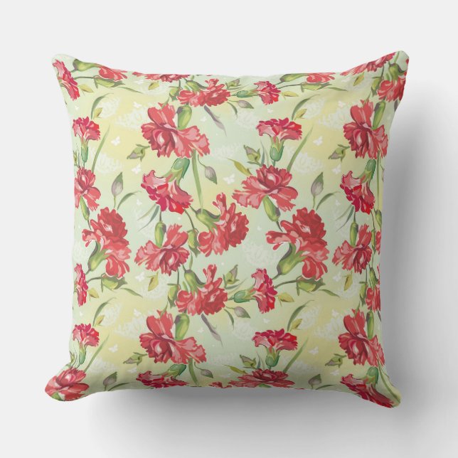 Red Carnations on green with butterflies Throw Pillow (Front)