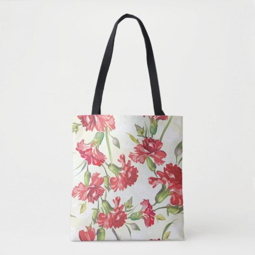 Red Carnations on green with butterflies Tote Bag