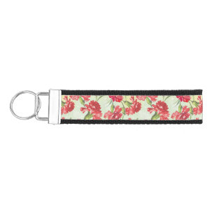 Red Carnations on green with butterflies Wrist Keychain
