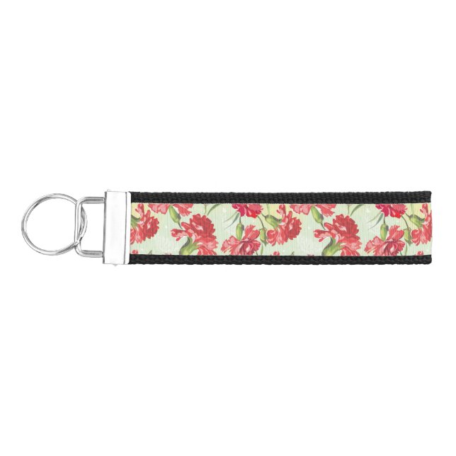 Red Carnations on green with butterflies Wrist Keychain (Keys on Left)