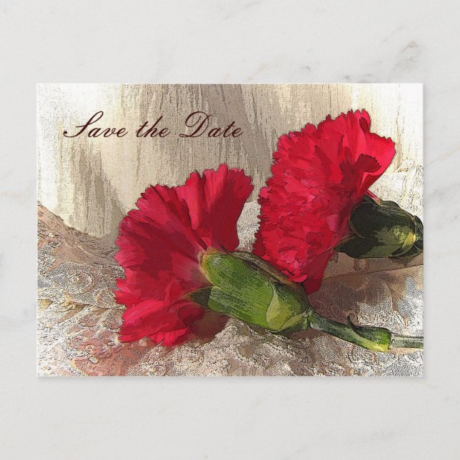 Red Carnations Save the Date Announcement Postcard (Front)