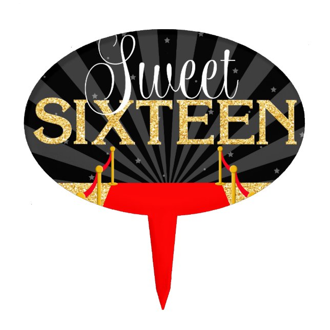 Red Carpet Gold Glam Hollywood Sweet 16 Birthday Cake Topper (Front)