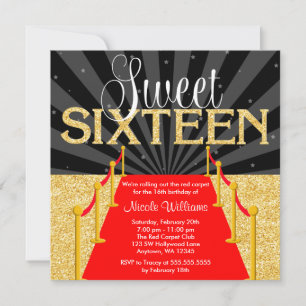 Red Carpet Gold Glam Hollywood Sweet 16 Birthday Invitation